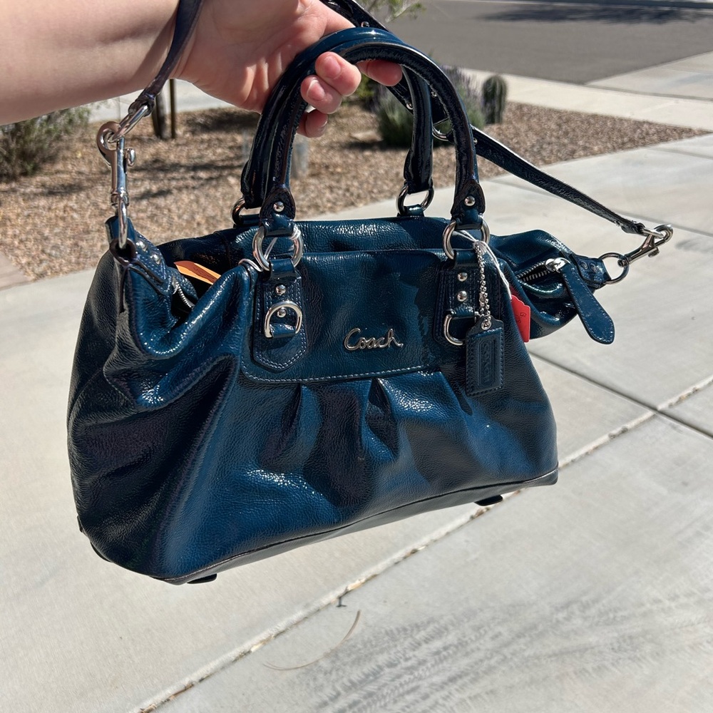 Coach Teal Patent Leather Satchel Bag & matching wallet